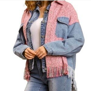 Umgee Pink Tweed and Blue Denim Fringe Shacket